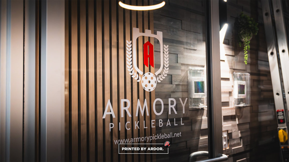 Armory Pickleball logo window decal printed and installed by Ardor Printing
