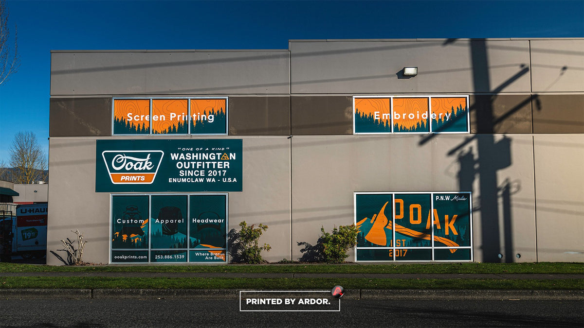 Ooak Prints storefront window graphics and building sign printed and installed by Ardor Printing