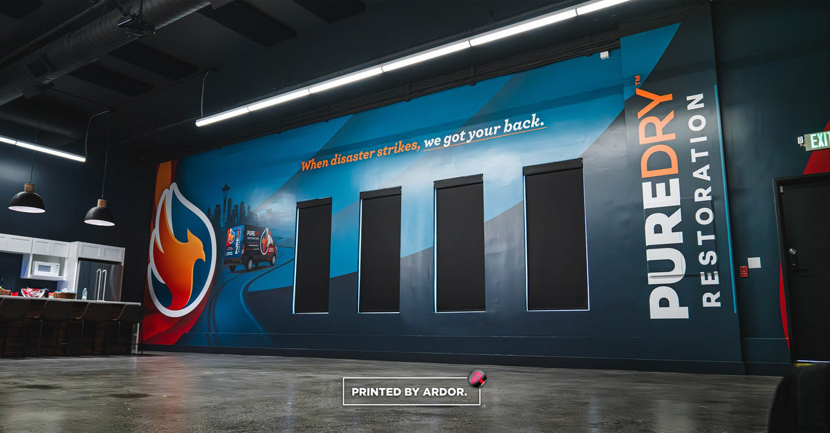 PureDry Restoration office wall mural with blue water and fire graphics, printed and installed by Ardor Printing